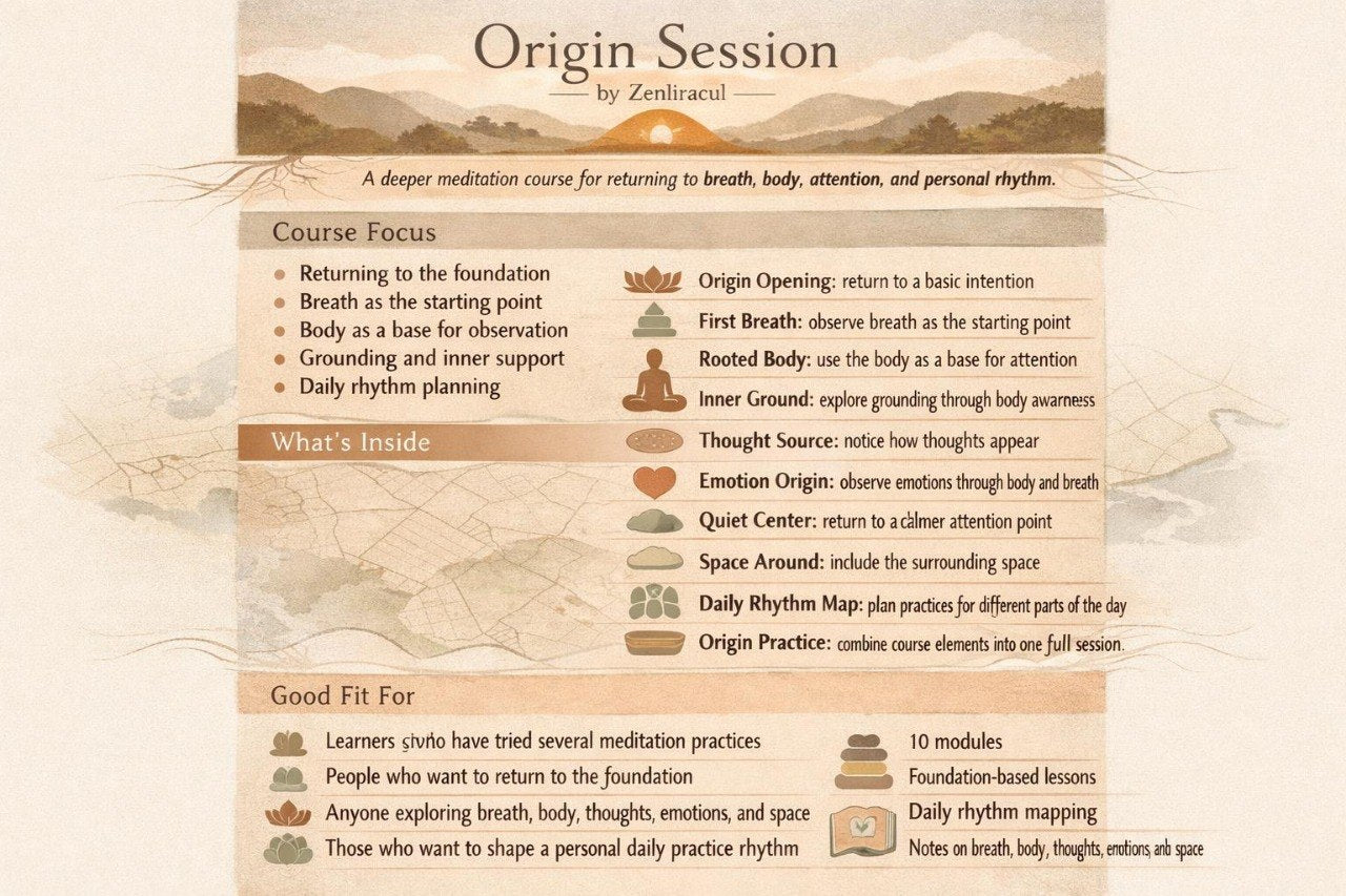 Meditation course flyer titled 'Origin Session' by Zenbraul with course details on a beige background.
