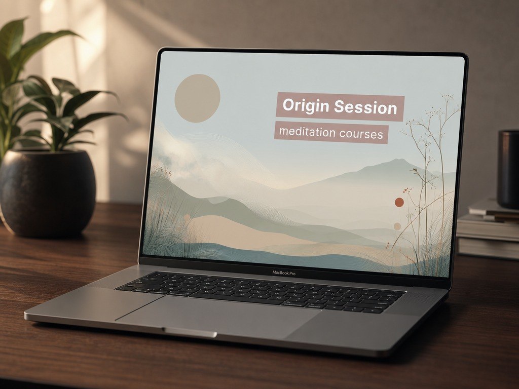 Laptop on a wooden desk with 'Origin Session' meditation courses displayed on the screen, surrounded by a plant and books.