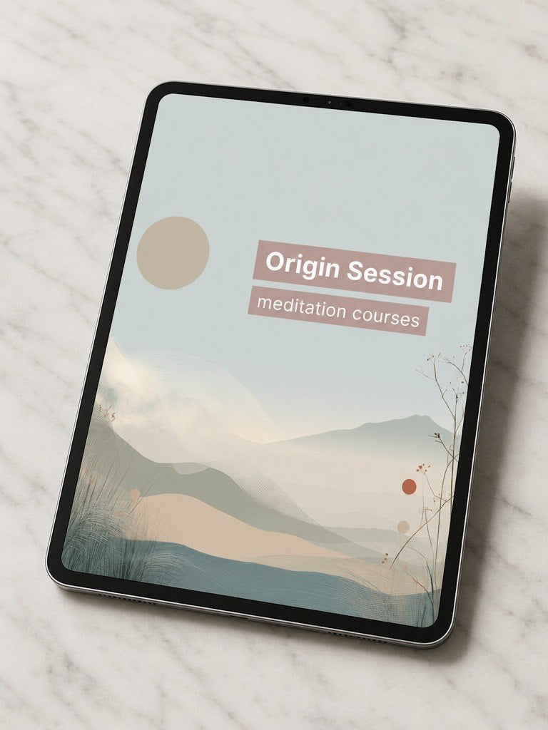 Tablet displaying 'Origin Session meditation courses' on a marble surface