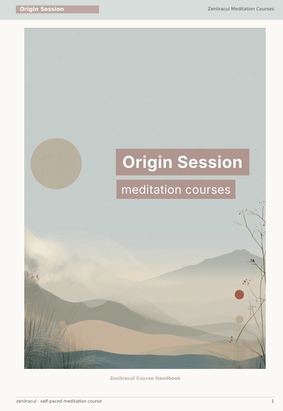 A minimalist book or booklet cover titled "Origin Session" with "meditation courses" underneath, featuring a soft abstract landscape with layered mountains, a pale blue sky, and muted geometric shapes.
