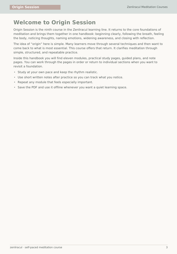 A digital preview page of the 'Origin Session' self-pounded meditation course by Zentral Meditation Courses, featuring a welcome guide with text on a light gray background.