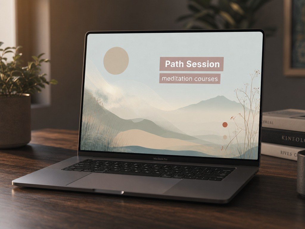 Laptop on a wooden desk with a meditation-themed screen
