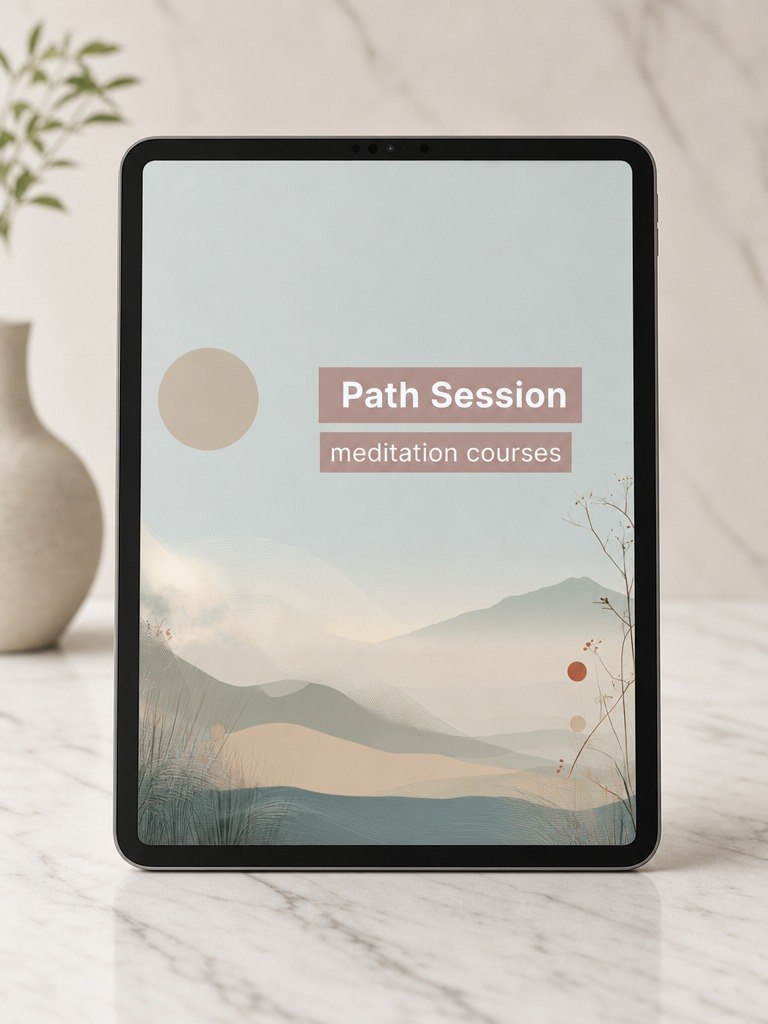 Tablet displaying 'Path Session meditation courses' on a marble surface with a plant in the background
