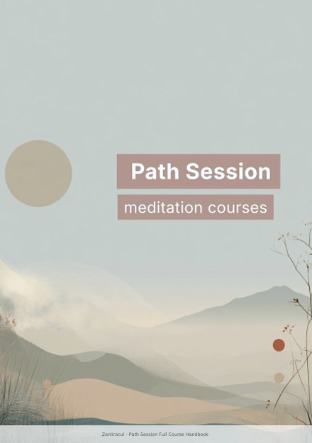 A minimalist cover design for 'Path Session meditation courses' featuring a soft, muted landscape with layered beige and gray mountains under a pale blue sky, with abstract sun and plant shapes.