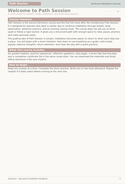 A digital preview page of a 'Path Session' meditation guide from Zenitronic Meditation Courses, featuring a structured layout with brown and white sections, headings, and instructional text.